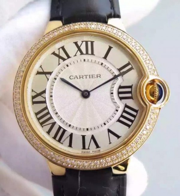 Cartier Ballon Bleu 40mm YG Diamonds Bezel White Dial Leather Strap MIYOTA9015