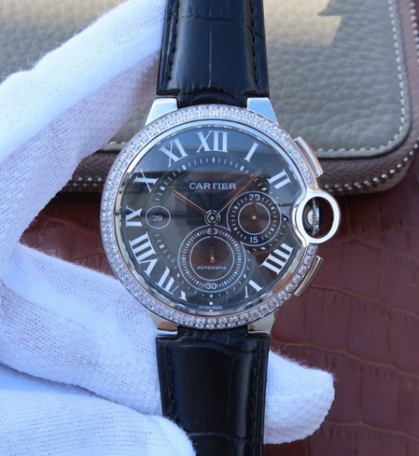 Cartier Ballon Bleu De Cartier Chrono SS Black Dial Diamonds Bezel A8101