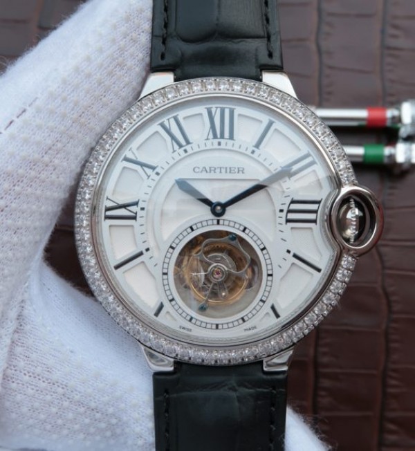 Cartier Ballon Bleu Tourbillon SS Diamond Bezel Black Leather Strap