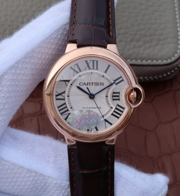 Cartier V6 Ballon Bleu 36mm RG White Textured Dial Leather Strap