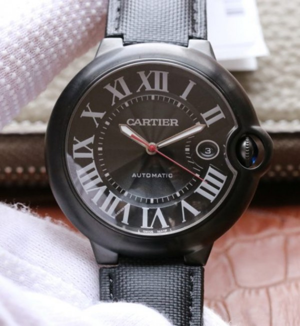 Cartier V6F Ballon Bleu 42mm DLC All Black Black Textured Dial Leather Strap A1847