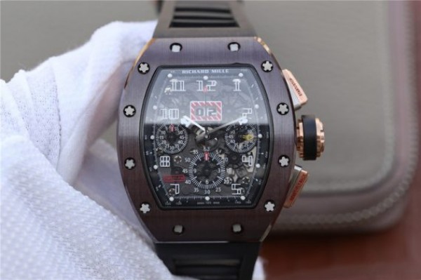 Richard Mille RM011 Brown Ceramic RG Chrono Skeleton Dial Black Rubber Strap A7750