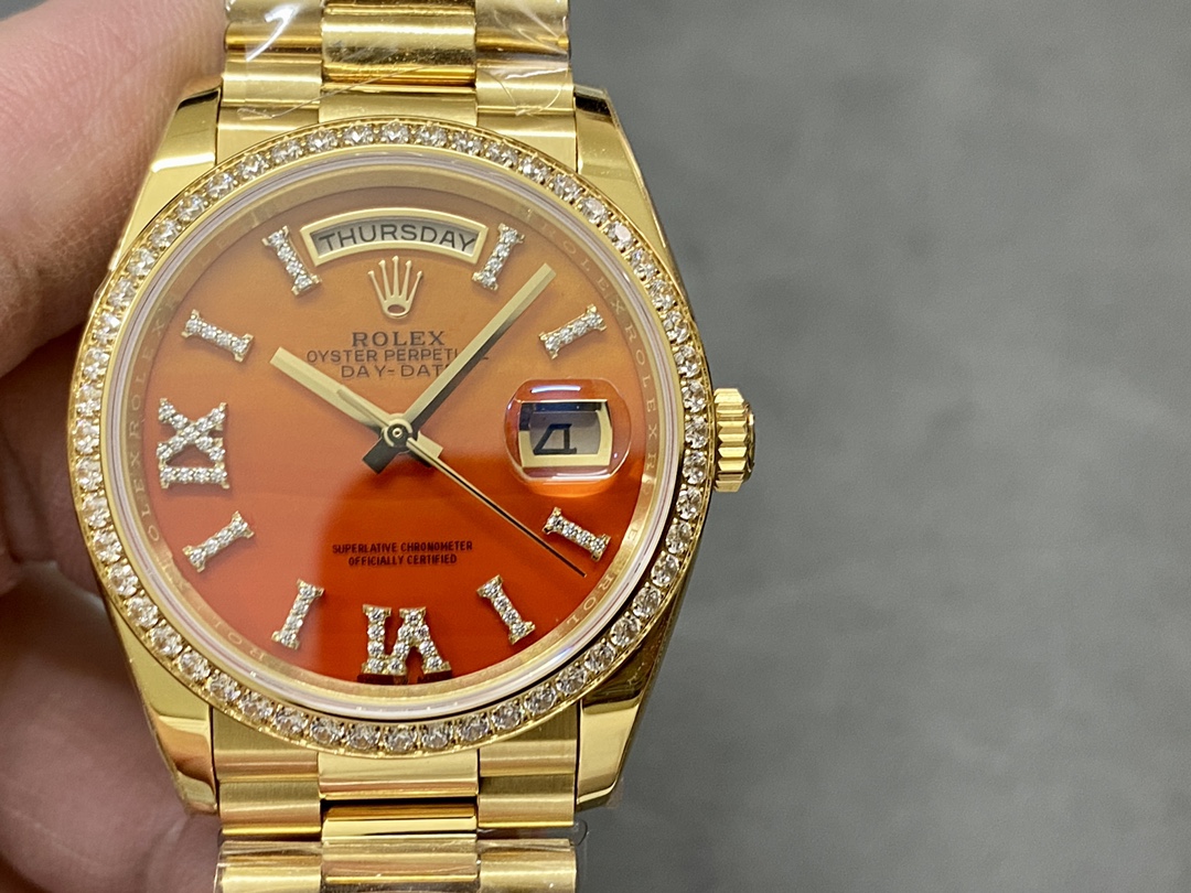 Rolex Day-Date 36 President Yellow Gold Carnelian Orange Dial Diamond Bezel 128